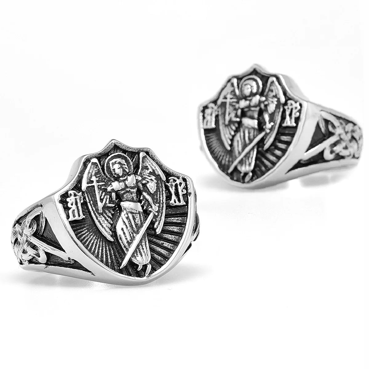 Archangel St.Michael Religion Amulet Stainless Steel Mens Rings Punk for Male Boyfriend Biker Jewelry Creativity Gift Wholesale