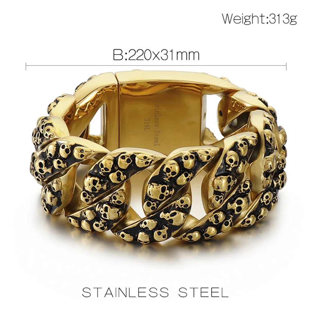 Gothic Skull Head Curb Chain Bracelets for Men Steampunk Bikers Skeleton Jewelry Massive Stainless Steel Men's Bracelet Dropship