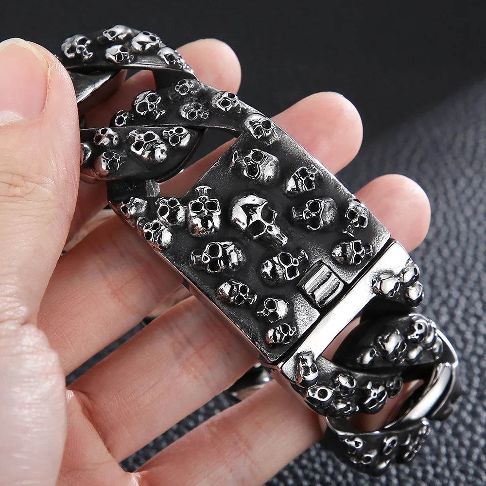 Gothic Skull Head Curb Chain Bracelets for Men Steampunk Bikers Skeleton Jewelry Massive Stainless Steel Men's Bracelet Dropship