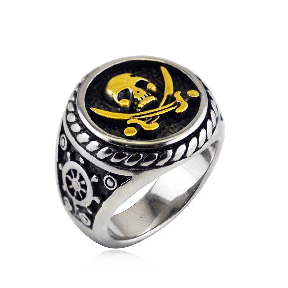 Viking Pirate Signet Double Knife Skull Rings for Men Stainless Steel Viking Ring Biker Amulet Vintage Jewelry Gift Dropshipping