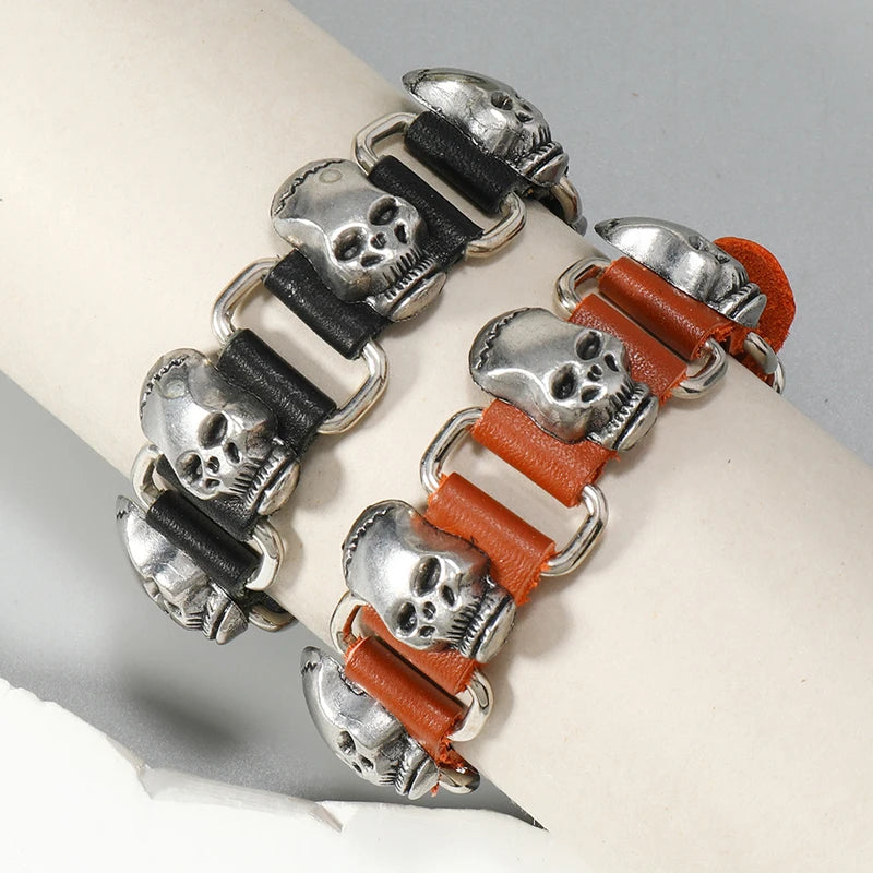 Punk rock metal skull accessories genuine leather bracelet for men women