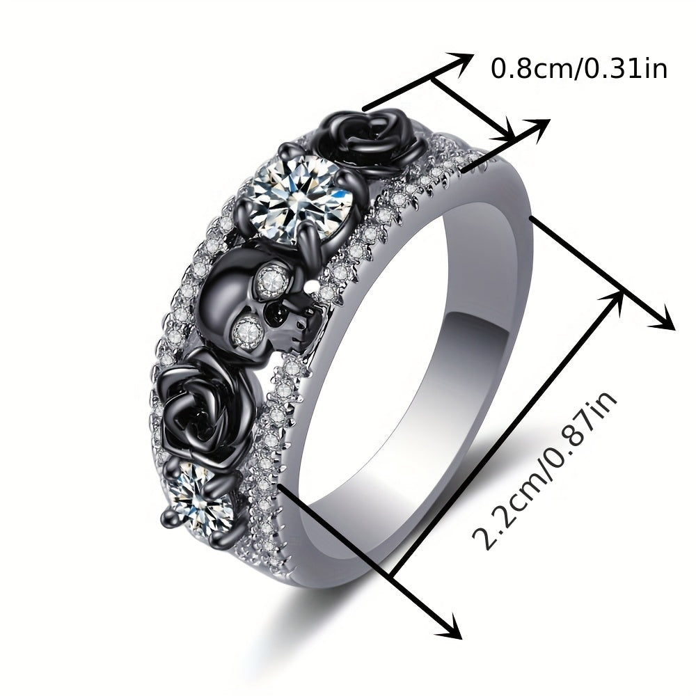 Punky Style Ring Horror Skull & Rose Design Paved Shining Zirconia Suitable for Men and Women Rings