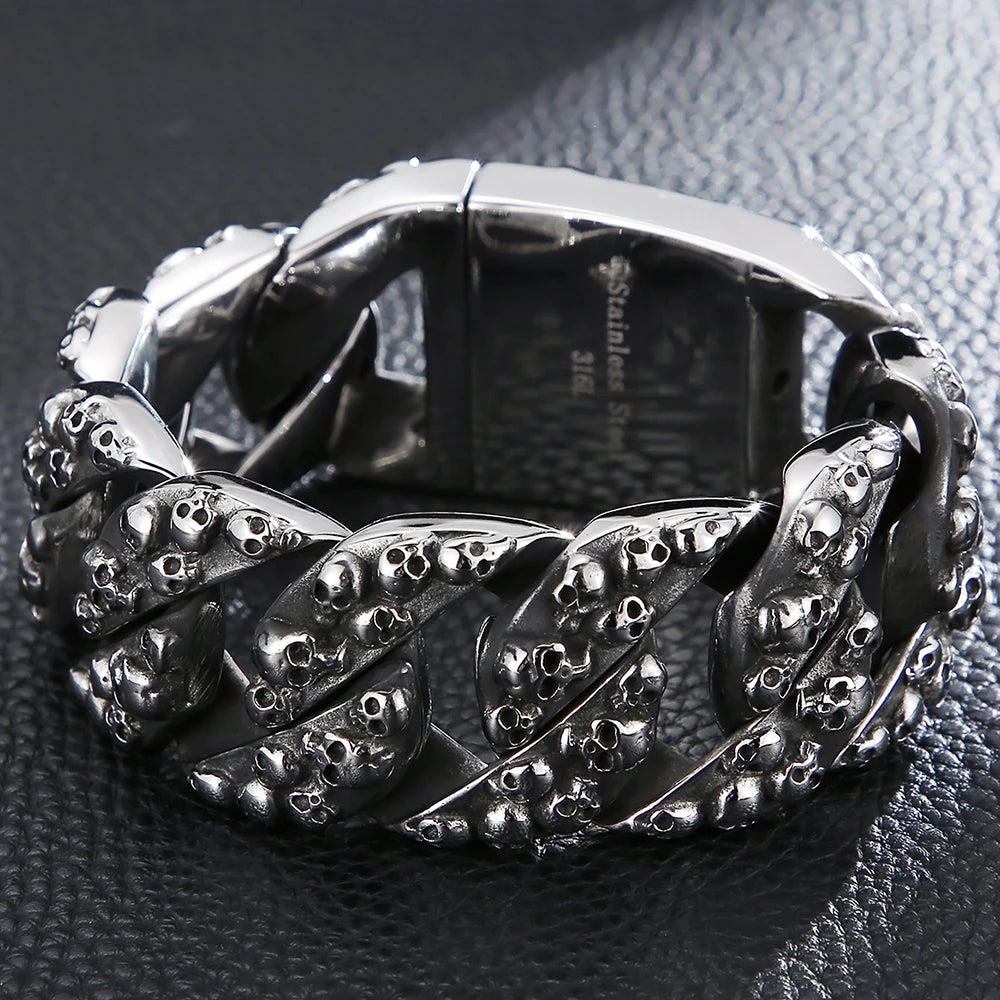 Gothic Skull Head Curb Chain Bracelets for Men Steampunk Bikers Skeleton Jewelry Massive Stainless Steel Men's Bracelet Dropship