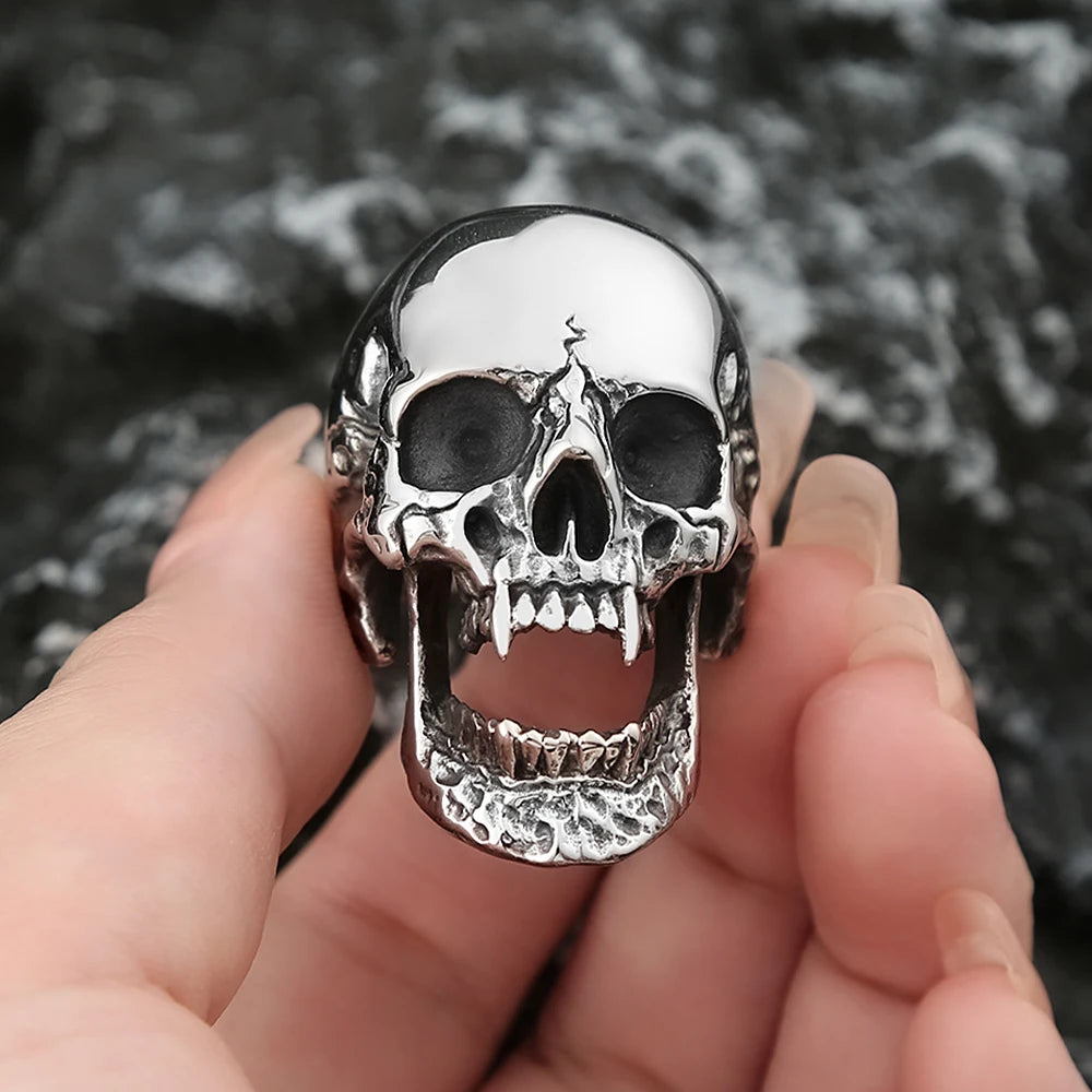 High Polish Gothic Vampire Skull Rings For Men Heavy Skull Stainless Steel Biker Ring Punk Motorcyclist Jewelry Gift Size 7-15
