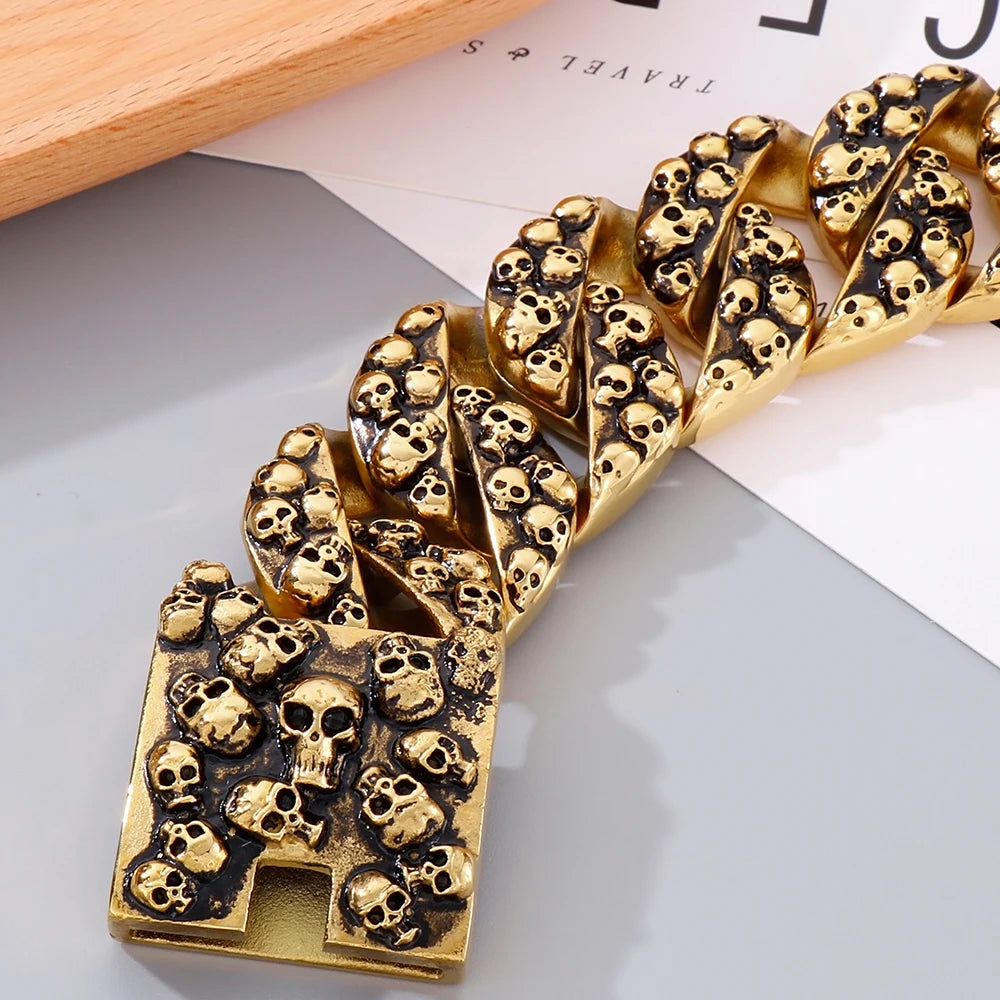 Gothic Skull Head Curb Chain Bracelets for Men Steampunk Bikers Skeleton Jewelry Massive Stainless Steel Men's Bracelet Dropship