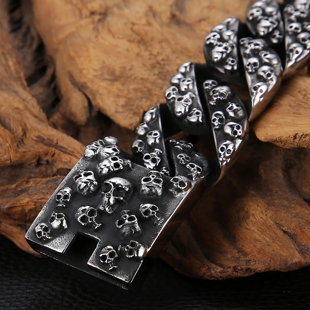 Gothic Skull Head Curb Chain Bracelets for Men Steampunk Bikers Skeleton Jewelry Massive Stainless Steel Men's Bracelet Dropship