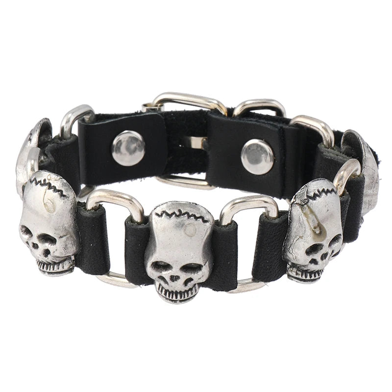 Punk rock metal skull accessories genuine leather bracelet for men women