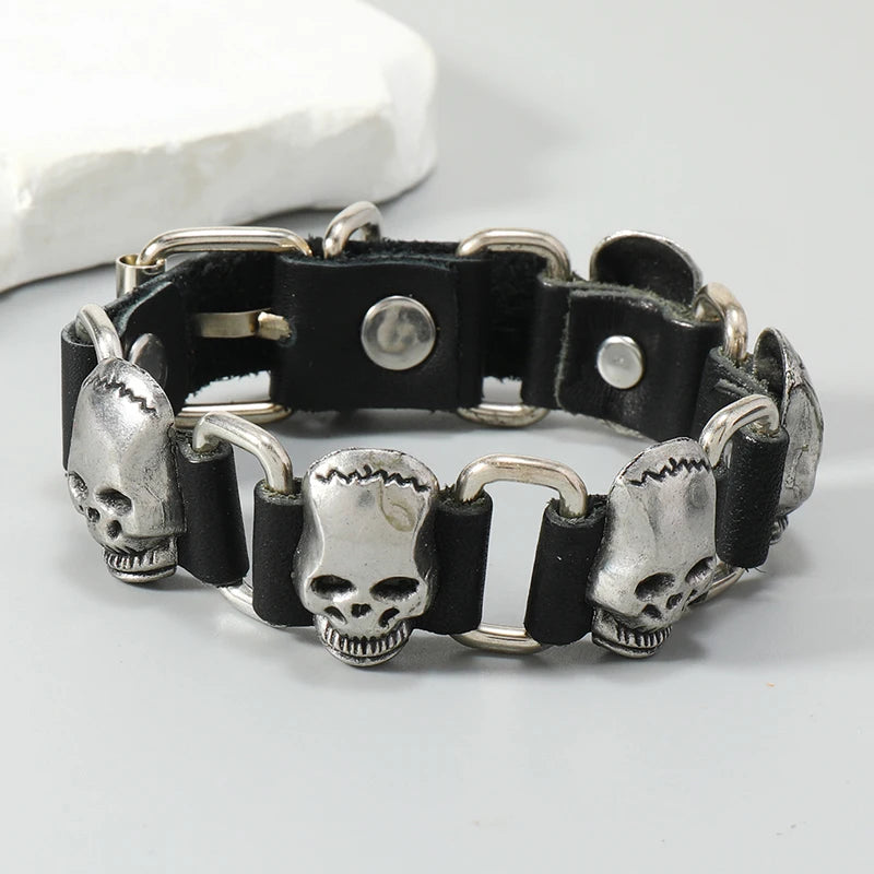 Punk rock metal skull accessories genuine leather bracelet for men women
