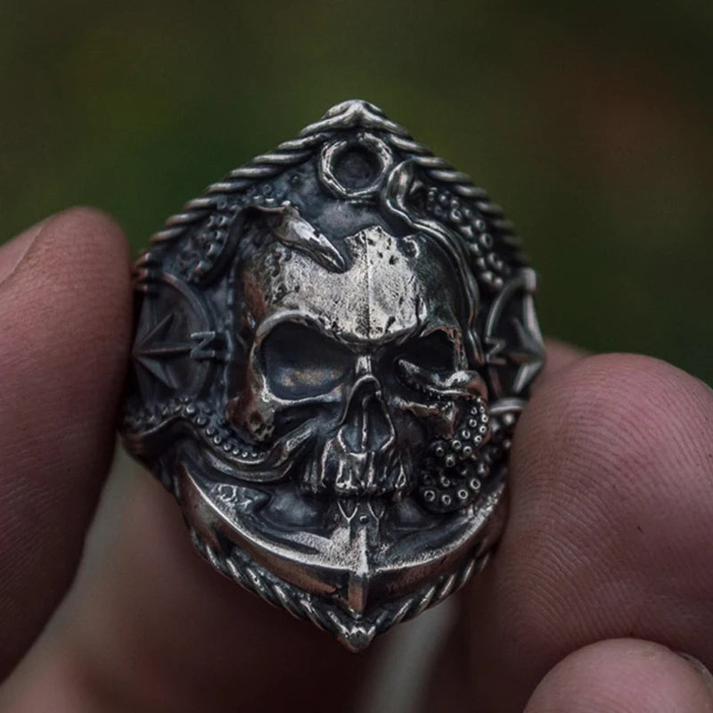 Gothic Men's Pirate Skull Ring Unique Pirate Octopus Anchor Adsorption Compass Ring Male Stainless Steel Punk Skull Biker Ring