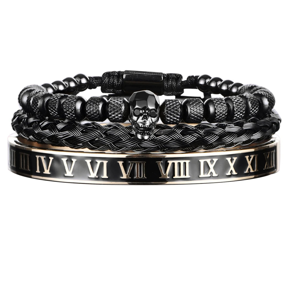 Luxury 3pcs/Set Skull Charm Black Bracelet Stainless Steel  Men Enamel Roman Number Bangles  Europe Fashion Couple Jewelry