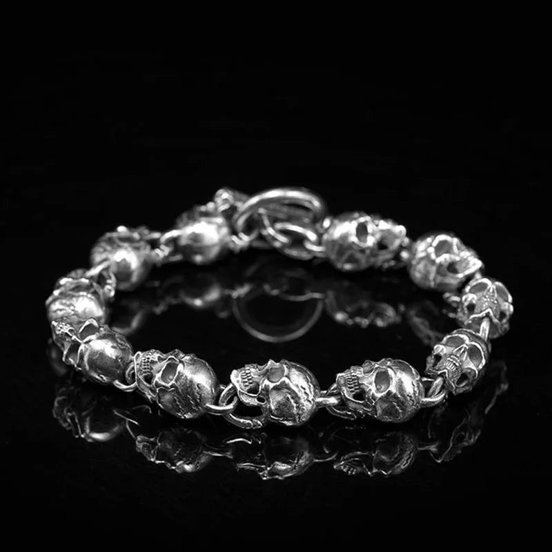 S925 Silver American Garber Style Handmade Skull Motorcycle Hand String Trend Men's and Women's Skeleton Vintage Punk Bracelet
