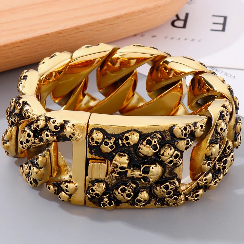 Gothic Skull Head Curb Chain Bracelets for Men Steampunk Bikers Skeleton Jewelry Massive Stainless Steel Men's Bracelet Dropship