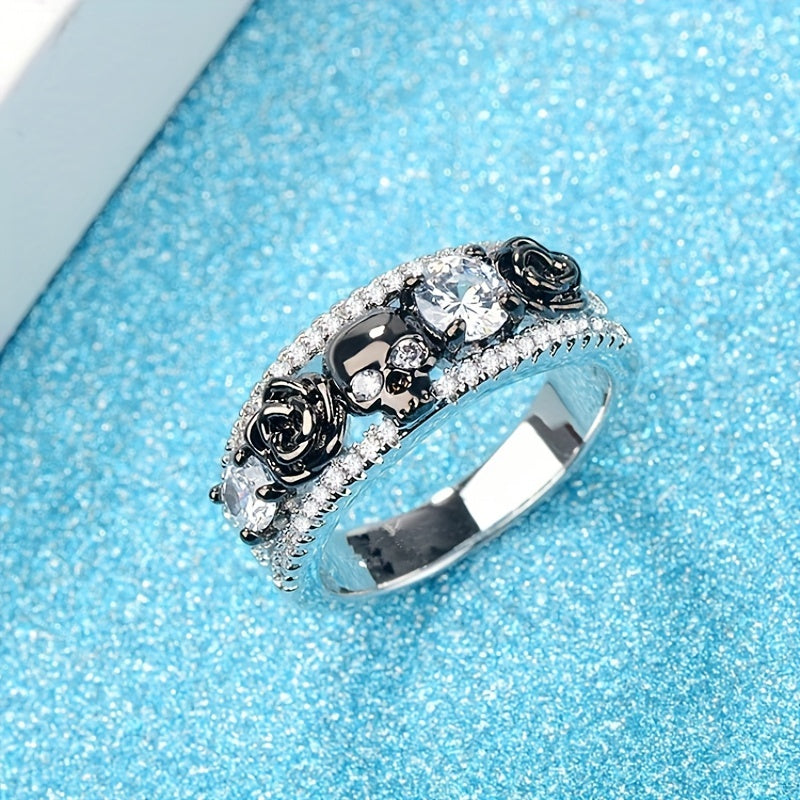 Punky Style Ring Horror Skull & Rose Design Paved Shining Zirconia Suitable for Men and Women Rings