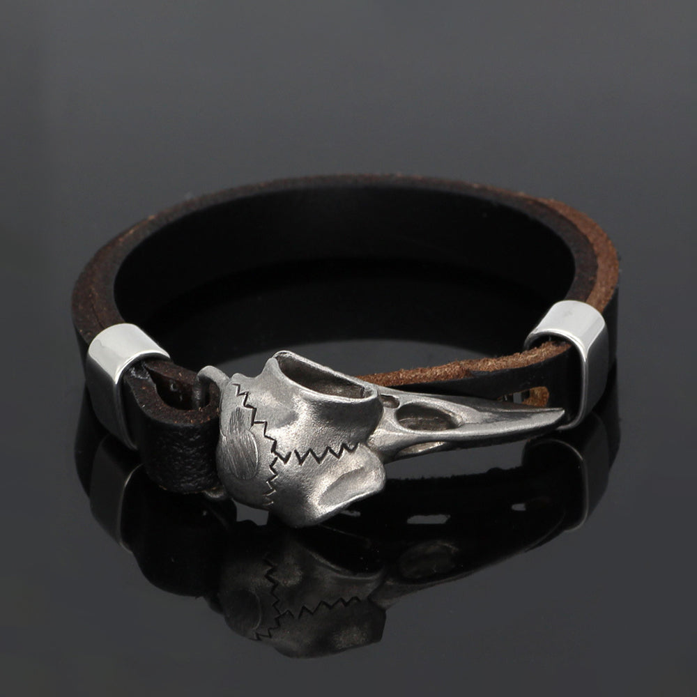 Fashion Vintage Stainless Steel Nordic Odin Crow Skull Bracelet Punk Men Viking Leather Amulet Bracelets Jewelry Gift Wholesale