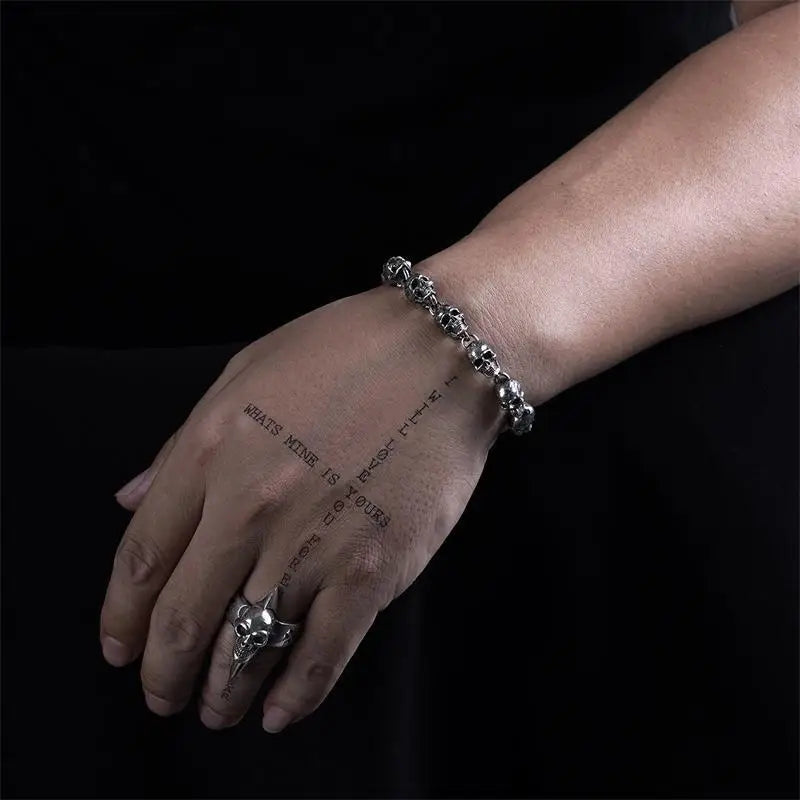 S925 Silver American Garber Style Handmade Skull Motorcycle Hand String Trend Men's and Women's Skeleton Vintage Punk Bracelet