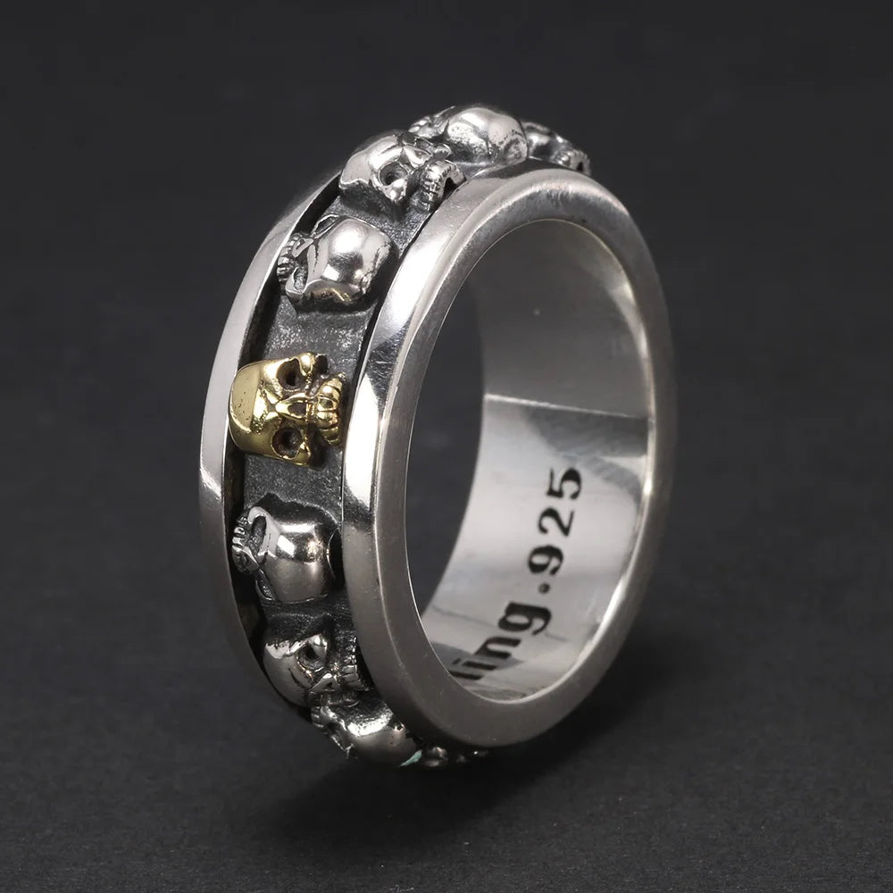 S925 Sterling Silver Rotating Spinner Skull Mens Rings Retro Punk Rock Style Aneis Vintage Fine Jewelry