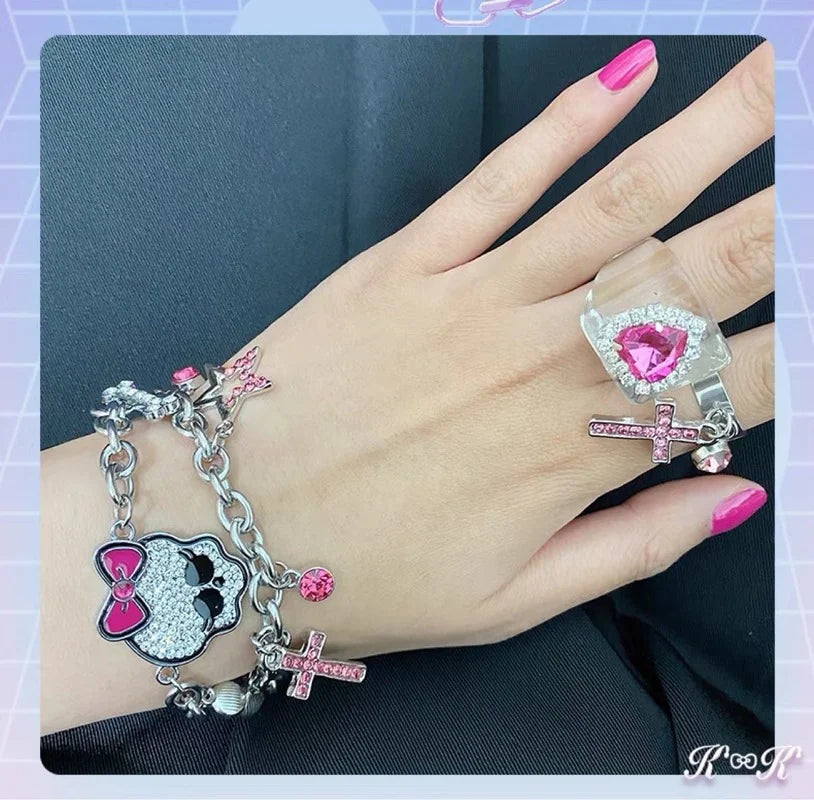 Y2K Accessories Pink Bowknot Rhinestone Skull Bracelet for Women Fashion Gothic Bone Thick Chain Charm Bracelet Harajuku Jewelry