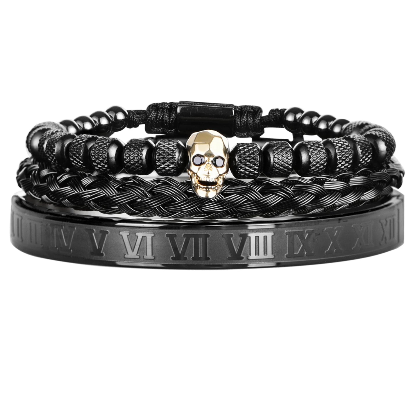 Luxury 3pcs/Set Skull Charm Black Bracelet Stainless Steel  Men Enamel Roman Number Bangles  Europe Fashion Couple Jewelry