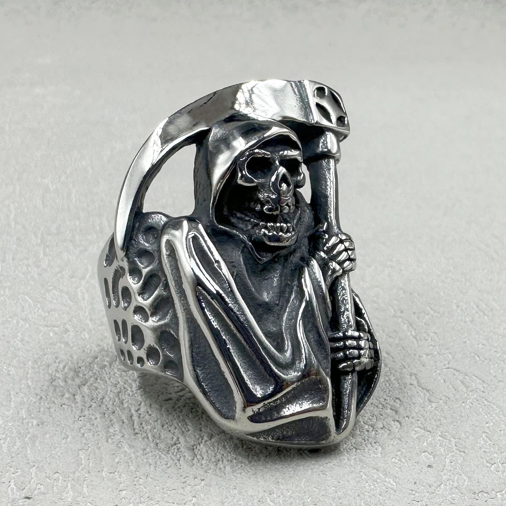 Retro Vintage Unique Grim Reaper Skull Ring for Men Gothic 316L Stainless Steel Death Cool Domineering Jewelry Wholesale