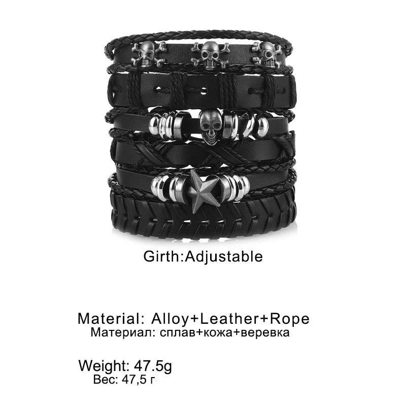 1 Fashion Bracelet Viking Bracelet For Men Hand Bracelets Woven Skull Hand Jewelry Adjustable Leather Set Bracelet For Leather