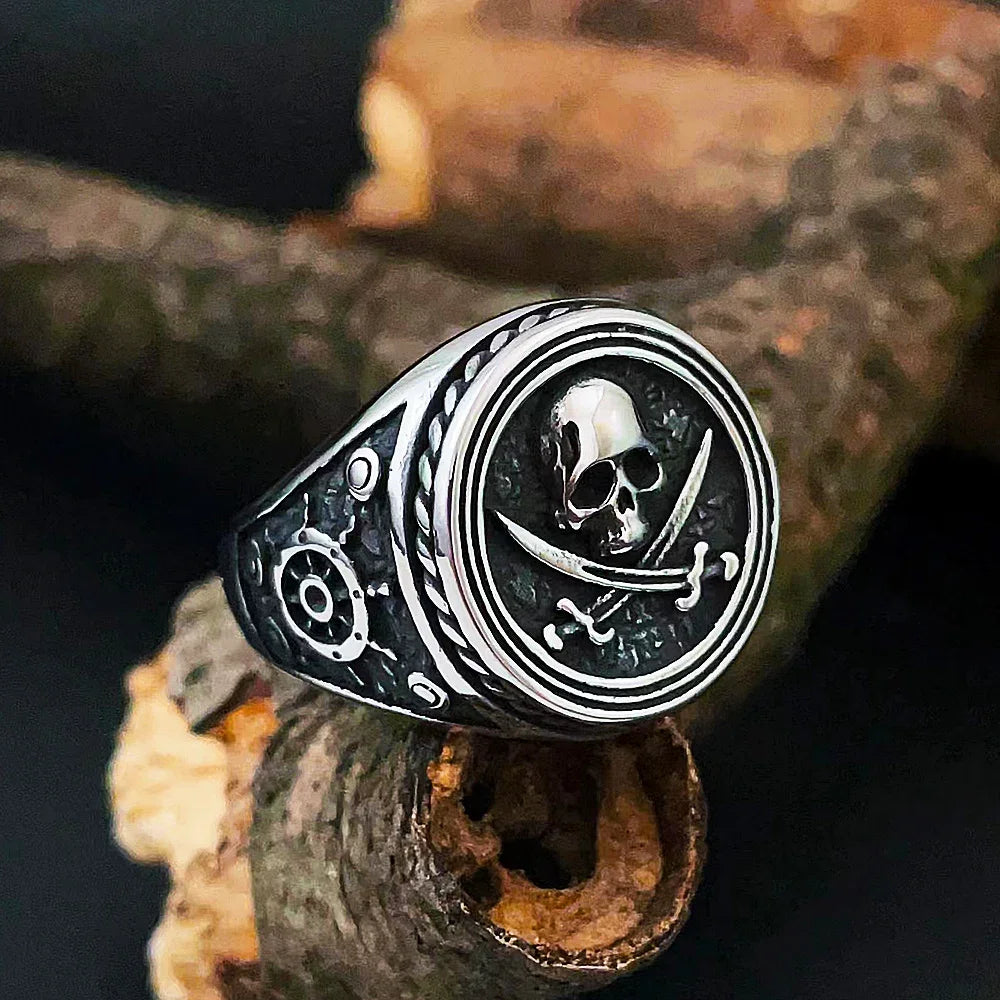 Viking Pirate Signet Double Knife Skull Rings for Men Stainless Steel Viking Ring Biker Amulet Vintage Jewelry Gift Dropshipping