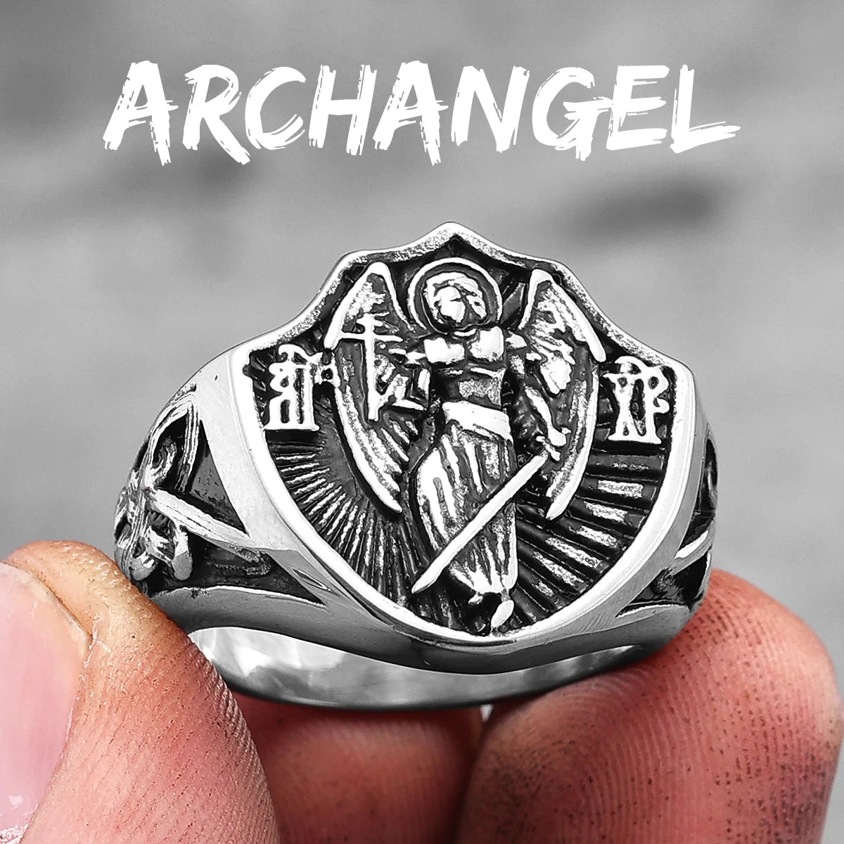 Archangel St.Michael Religion Amulet Stainless Steel Mens Rings Punk for Male Boyfriend Biker Jewelry Creativity Gift Wholesale