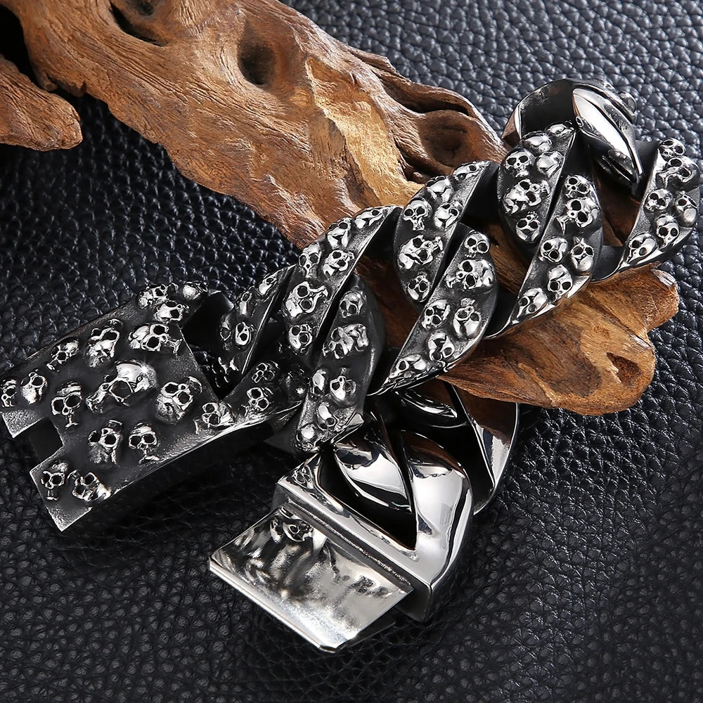 Gothic Skull Head Curb Chain Bracelets for Men Steampunk Bikers Skeleton Jewelry Massive Stainless Steel Men's Bracelet Dropship