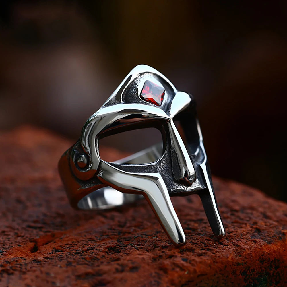 Gothic Vintage MF DOOM Mask Rings For Men Women Punk Biker Stainless Steel Red Stone Ring Fashion Amulet Jewelry Gift Wholesale
