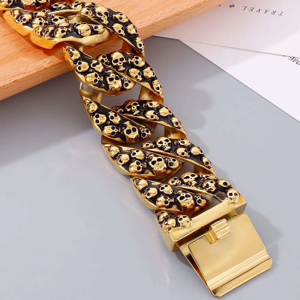 Gothic Skull Head Curb Chain Bracelets for Men Steampunk Bikers Skeleton Jewelry Massive Stainless Steel Men's Bracelet Dropship