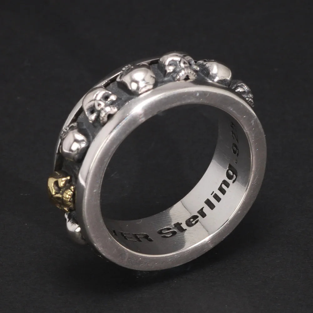 S925 Sterling Silver Rotating Spinner Skull Mens Rings Retro Punk Rock Style Aneis Vintage Fine Jewelry