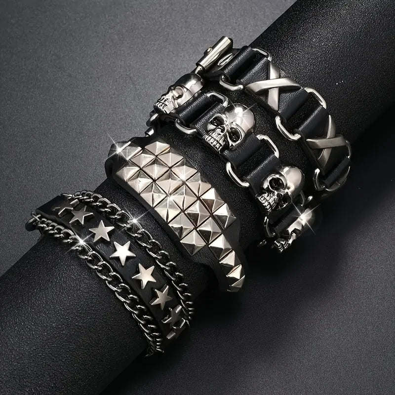 Punk Studded Hip-Hop Fashion Skull Faux Leather Bracelet Suitable for Everyday Wear, Festive Parties, Stylish Accessory Or Gift