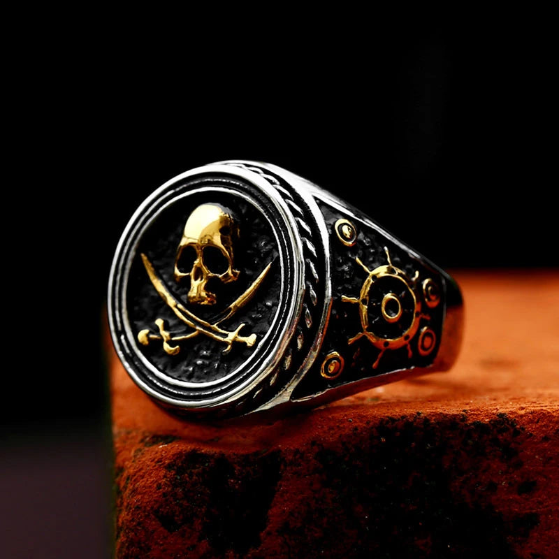 Viking Pirate Signet Double Knife Skull Rings for Men Stainless Steel Viking Ring Biker Amulet Vintage Jewelry Gift Dropshipping