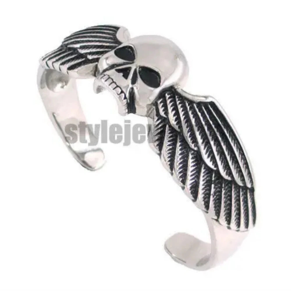 Vintage Ghost Skull Bones Biker Cuff Bracelet Stainless Steel Jewelry Gothic Feather Wing Norse Viking Wolf Men Bangle SJB0362A