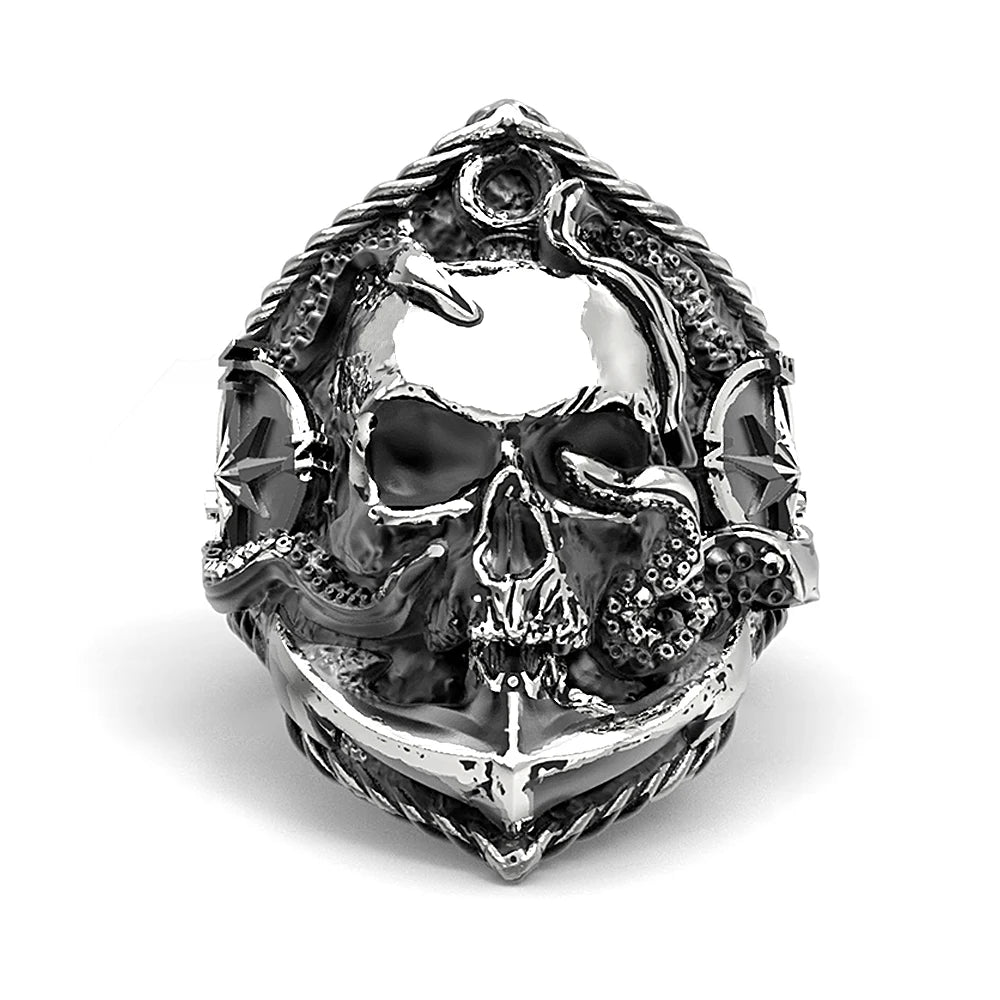 Gothic Men's Pirate Skull Ring Unique Pirate Octopus Anchor Adsorption Compass Ring Male Stainless Steel Punk Skull Biker Ring