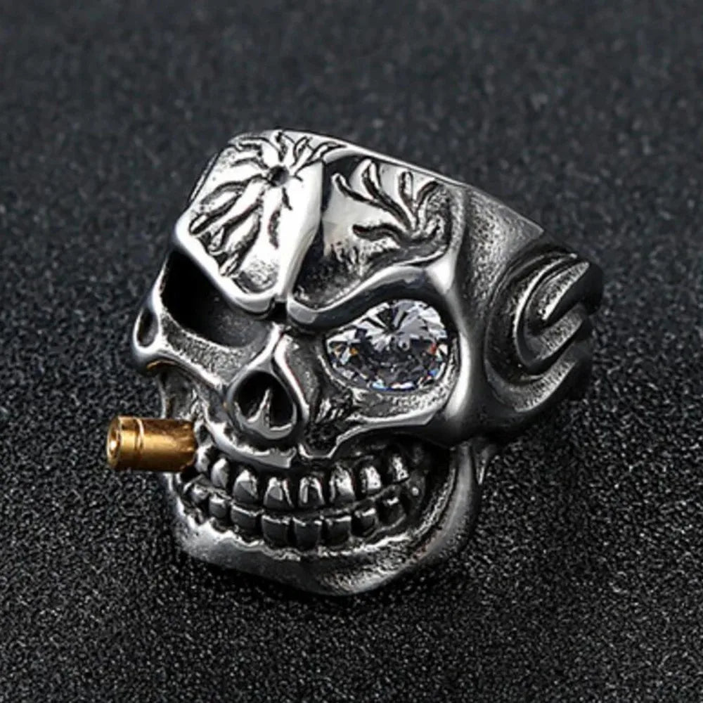 Punk Jewellery 316L Stainless Steel Men Ring Vintage Viking Skeleton Finger Band Rings With Crystal Eye Men's Jewelry Wholesale