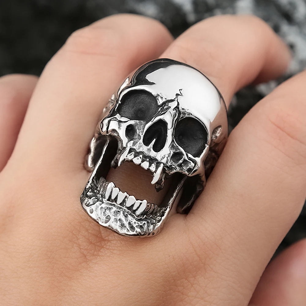 High Polish Gothic Vampire Skull Rings For Men Heavy Skull Stainless Steel Biker Ring Punk Motorcyclist Jewelry Gift Size 7-15