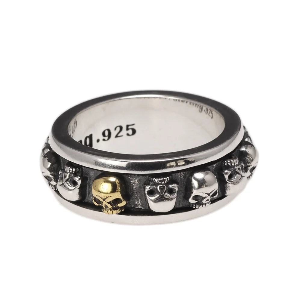 S925 Sterling Silver Rotating Spinner Skull Mens Rings Retro Punk Rock Style Aneis Vintage Fine Jewelry