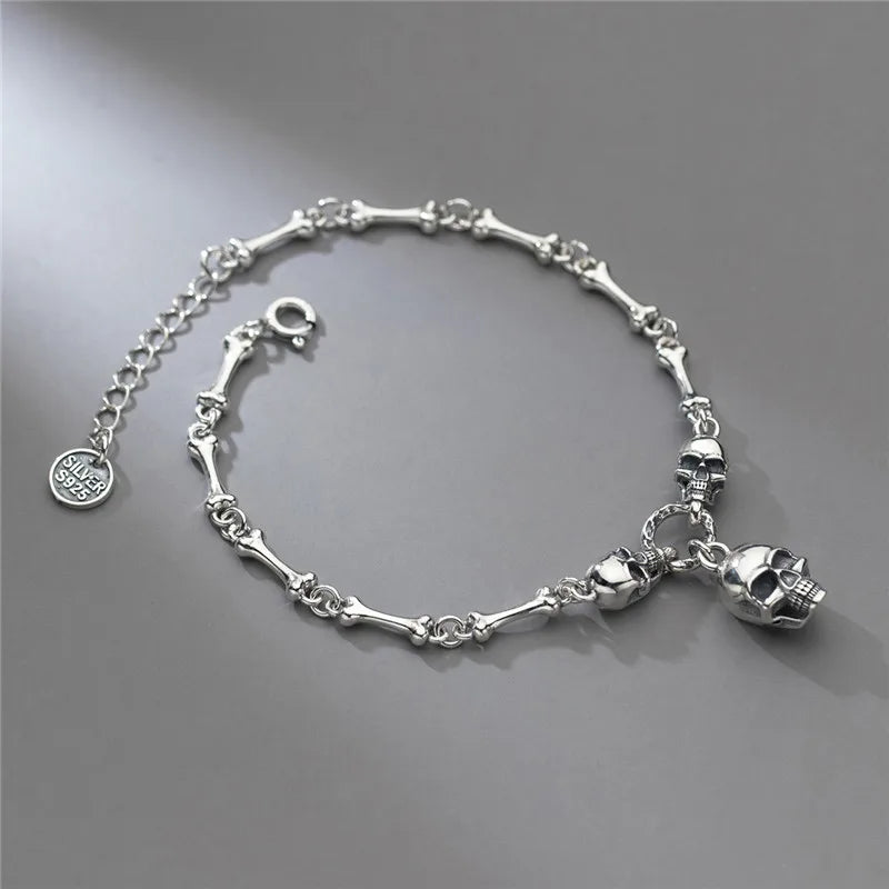 YIZIZAI Gothic Style 100% 925 Sterling Silver Men Women Creative Retro Skull Bone Chain Bracelet For Halloween party