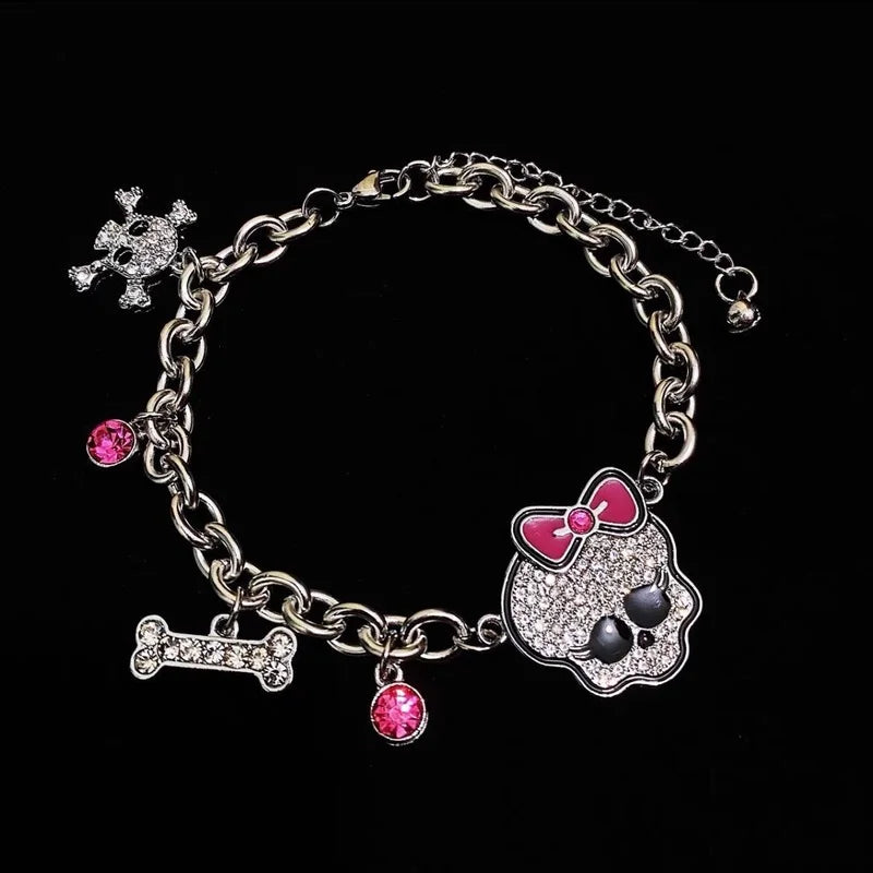 Y2K Accessories Pink Bowknot Rhinestone Skull Bracelet for Women Fashion Gothic Bone Thick Chain Charm Bracelet Harajuku Jewelry