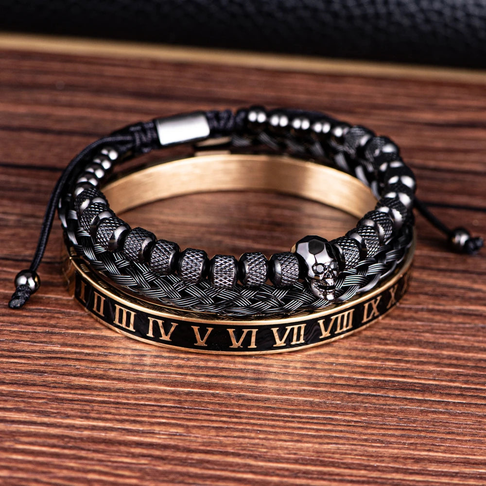 Luxury 3pcs/Set Skull Charm Black Bracelet Stainless Steel  Men Enamel Roman Number Bangles  Europe Fashion Couple Jewelry