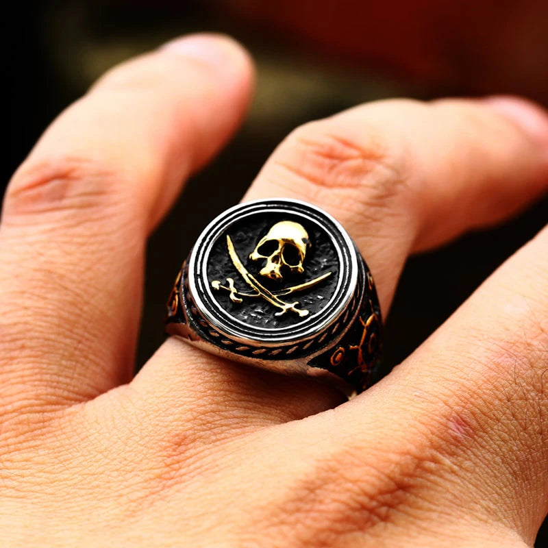 Viking Pirate Signet Double Knife Skull Rings for Men Stainless Steel Viking Ring Biker Amulet Vintage Jewelry Gift Dropshipping
