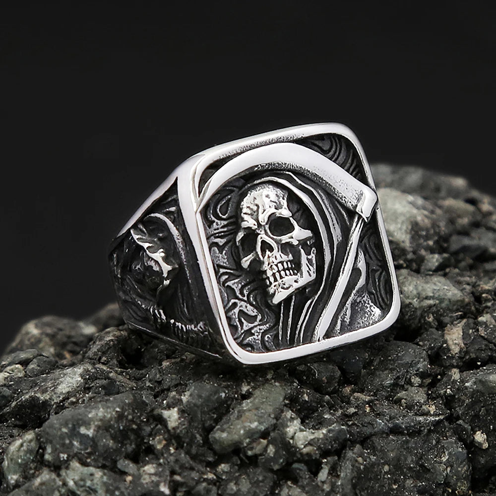 Vintage Stainless Steel Death Sickle Skull Rings For Men Punk Hip Hop Domineering Skull Ring Party Biker Jewelry Gifts Wholesale