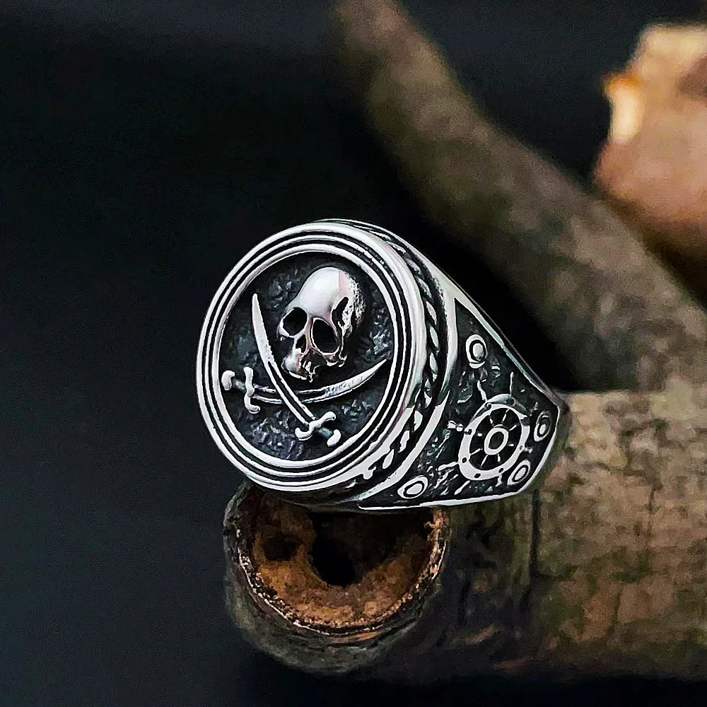Viking Pirate Signet Double Knife Skull Rings for Men Stainless Steel Viking Ring Biker Amulet Vintage Jewelry Gift Dropshipping