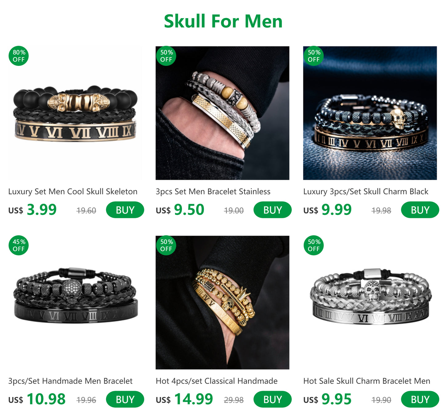 Luxury 3pcs/Set Skull Charm Black Bracelet Stainless Steel  Men Enamel Roman Number Bangles  Europe Fashion Couple Jewelry