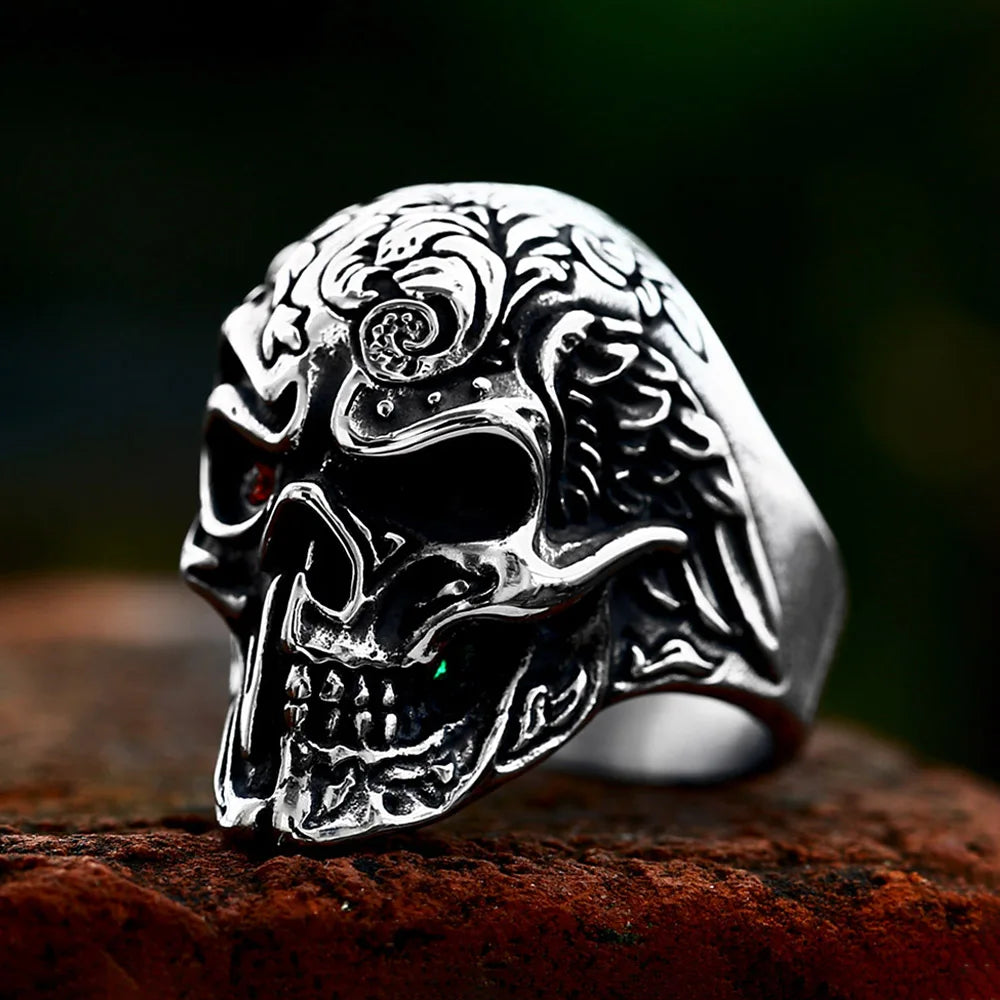 New Vintage 316L Stainless Steel Skull Ring With Red Stone Cool Biker Fashion Skeleton Ring For Men Punk Creative Amulet Jewelry
