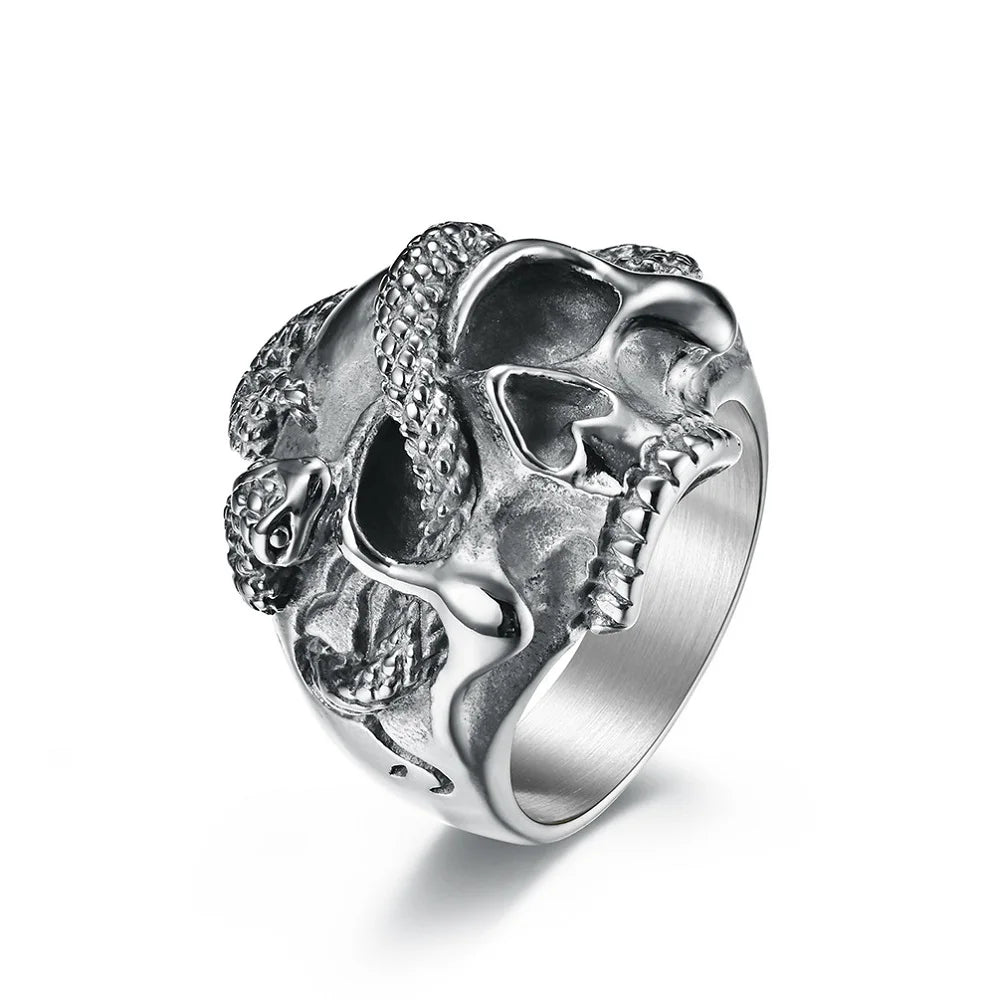 Gothic Vintage Stainless Steel Skull Snake Ring For Men Women Punk Hip Hop Unique Skull Rings Fashion Creative Jewelry Gifts
