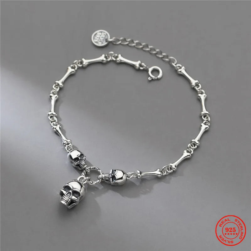 YIZIZAI Gothic Style 100% 925 Sterling Silver Men Women Creative Retro Skull Bone Chain Bracelet For Halloween party