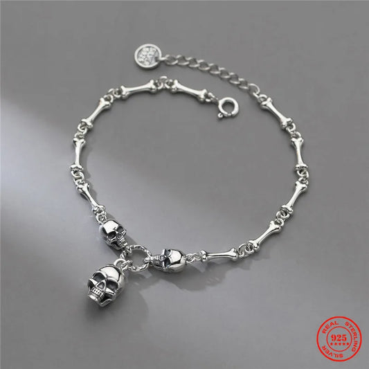 YIZIZAI Gothic Style 100% 925 Sterling Silver Men Women Creative Retro Skull Bone Chain Bracelet For Halloween party
