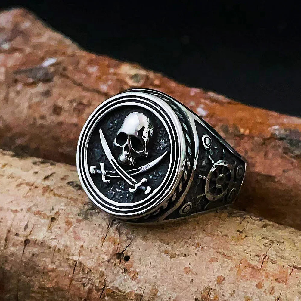 Viking Pirate Signet Double Knife Skull Rings for Men Stainless Steel Viking Ring Biker Amulet Vintage Jewelry Gift Dropshipping