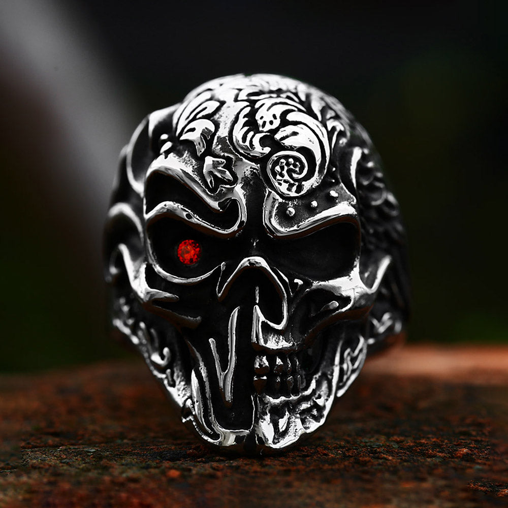 New Vintage 316L Stainless Steel Skull Ring With Red Stone Cool Biker Fashion Skeleton Ring For Men Punk Creative Amulet Jewelry